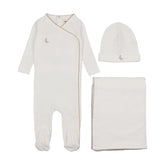 MEMA KNITS 3PC EMBROIDERED PICO EDGE FOOTIE, BEANIE WITH BLANKET SET